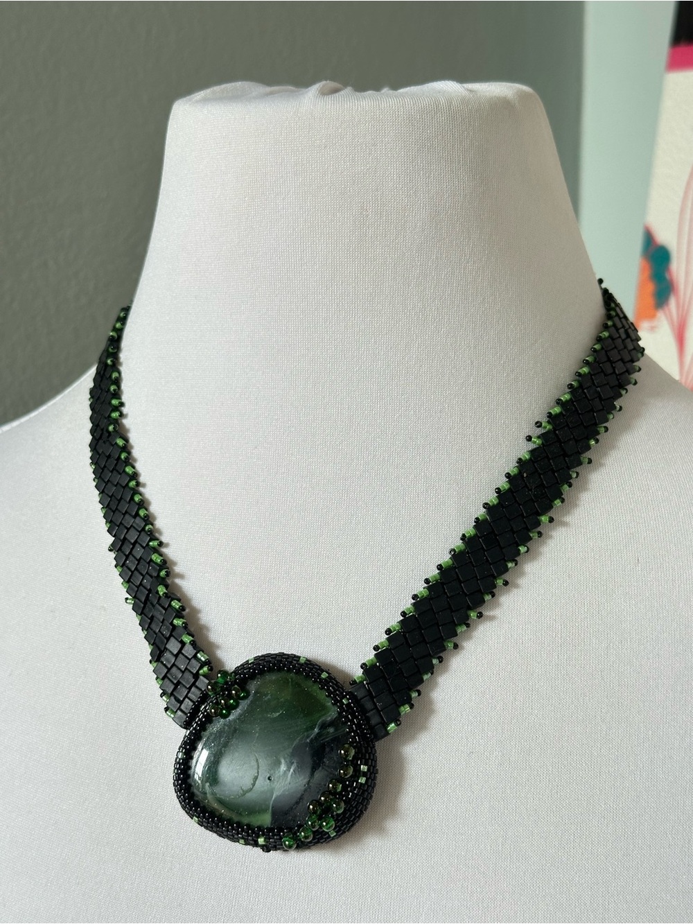Handmade Black Green Stone Cabochon Beaded Necklace Artisan Fairycore Gothic